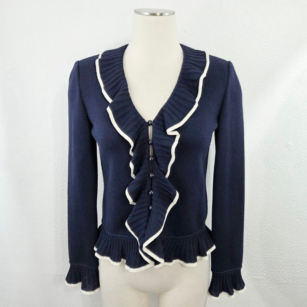 St John dark navy blue santana knit ruffled cardigan sweater button front size 2